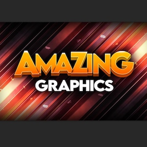 Puede incluir: Diseño gráfico con el texto "AMAZING GRAPHICS" en letras 3D naranjas y blancas. El fondo presenta rayas diagonales rojas y naranjas con un efecto degradado.