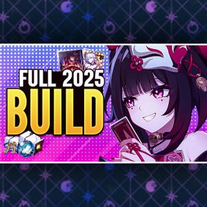 May include: An anime-style graphic with the text "FULL 2025 BUILD" in large, gold letters. The image features a character with black hair, a white mask, and a red bow. There are also trading cards and treasure chests.