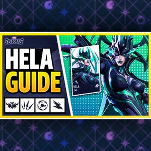 May include: A promotional image for Marvel Rivals featuring Hela. The image has a yellow border and includes the text "Hela Guide" in large white and yellow letters. A card with Hela's image is on the right, and various icons are at the bottom.