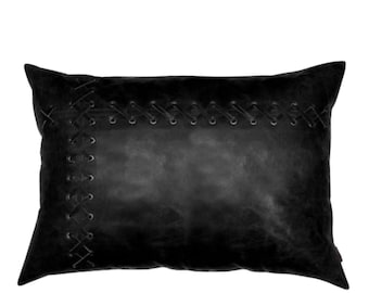 Handmade Black Leather Pillow: Black Rectangular Throw Cushion