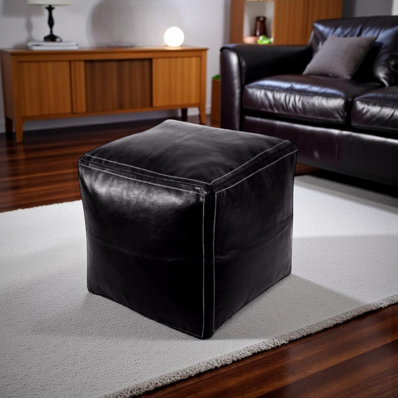 スクエア型 ブラック モロッコレザー オットマン プーフ