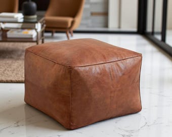 Square Brown Moroccan Leather Ottoman Pouf – Handmade Genuine Leather Footstool with Storage (Unstuffed)
