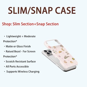 May include: A phone case with a light pink cover featuring a pattern of small cartoon characters. The case is shown partially assembled on a silver phone. Text on the image reads "SLIM/SNAP CASE" and lists features.