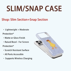 May include: A phone case with a blue and white striped design and a yellow duck wearing a cowboy hat. The case is labeled "SLIM/SNAP CASE" and features text about its protective qualities, including a scratch-resistant surface and wireless charging support.