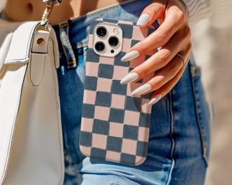 Checkered Color Phone Case, Retro Minimalist Checkered MagSafe Phone Cover, Muted Pink Navy Grid Y2K ,iPhone 17 16 15 14 13 12, Samsung S25