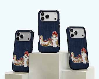Vintage Denim Cat Phone Case,Cute Strawberry Cat Phone Case, Funny Kawaii Cat Case iPhone 17 16 15 14 13 12 11 Pro Max, Samsung S25