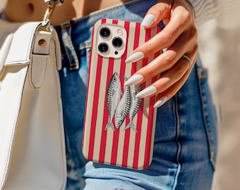 Retro Striped Sardines can Phone Case Italian Summer Gift, Red Stripe Retro Art Cover, iPhone 17 16 15 14 13 12 11 Pro Max, Samsung S25 S24