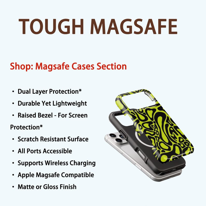 K&ouml;nnte beinhalten: Gezeigt wird eine schwarze und neongr&uuml;ne Handyh&uuml;lle mit einem einzigartigen Muster, zusammen mit einem silbernen Telefon. Der Text lautet "TOUGH MAGSAFE" und listet Funktionen wie doppelten Schutz und kabelloses Laden auf.