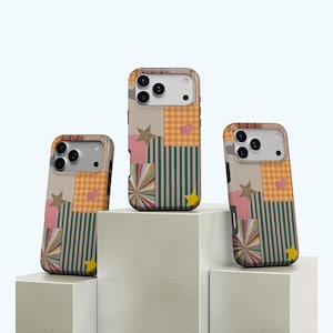 May include: Three phone cases with a patchwork design. The cases feature a mix of patterns, including gingham, stripes, and star and heart shapes. The color palette includes beige, orange, pink, green, and yellow.