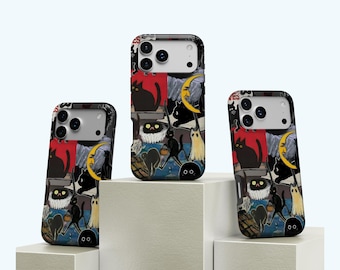 Black Cat Phone Case - Aesthetic Japan Kitty Art Cover for iPhone 17, 16, 15, 14, 13, 12, 11,Pro Max, Plus, Samsung Galaxy S25, S24, S23