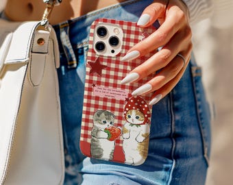 Cute strawberry Cat Magnetic Tough Cases, Funny cat phone case, Adorable Phone Case for Cat Lovers, iPhone 17 16 15 14 13 12 11, Samsung S25