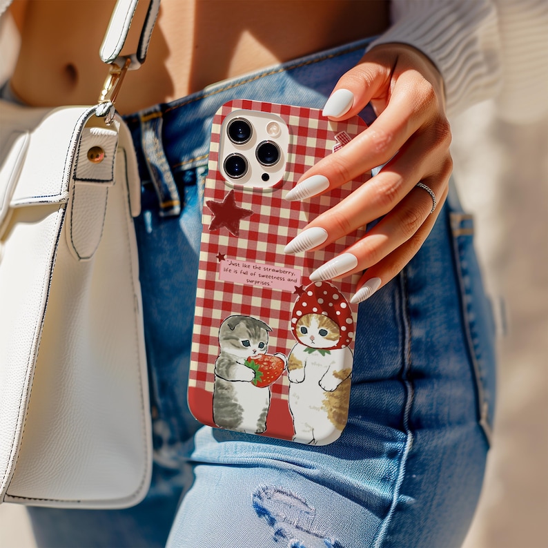 Cute strawberry Cat Magnetic Tough Cases, Funny cat phone case, Adorable Phone Case for Cat Lovers, iPhone 17 16 15 14 13 12 11, Samsung S25