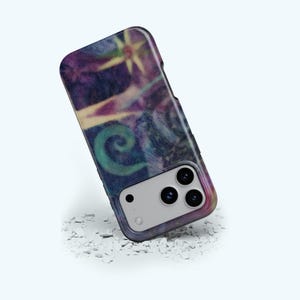 May include: A smartphone case with a colorful abstract design. The case features a swirling pattern in shades of purple, blue, green, and yellow. The case has a camera module with three lenses and a flash.