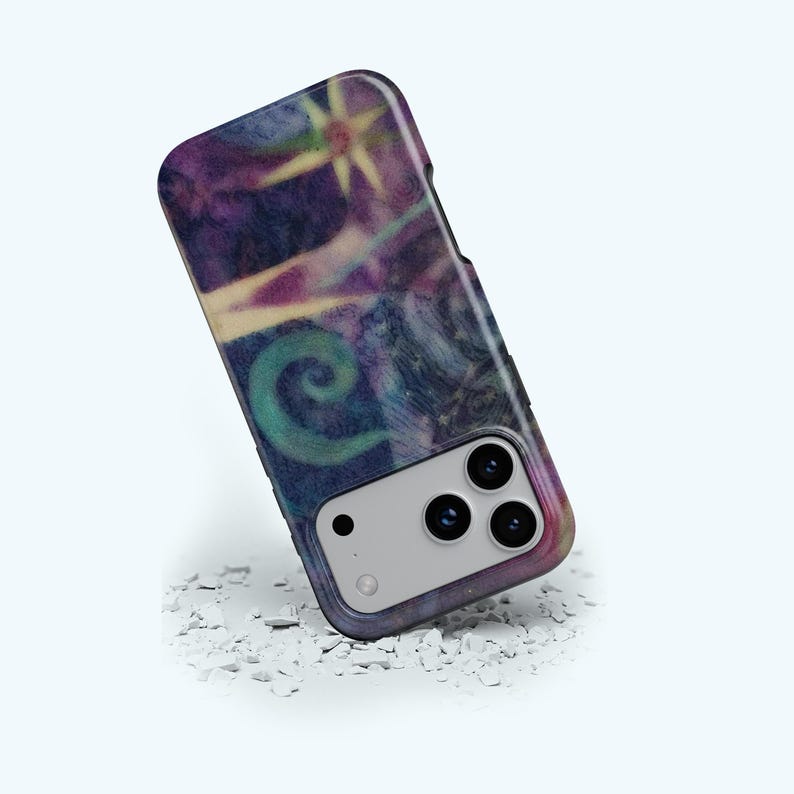 May include: A smartphone case with a colorful abstract design. The case features a swirling pattern in shades of purple, blue, green, and yellow. The case has a camera module with three lenses and a flash.