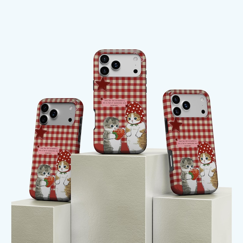Cute strawberry Cat Magnetic Tough Cases, Funny cat phone case, Adorable Phone Case for Cat Lovers, iPhone 17 16 15 14 13 12 11, Samsung S25