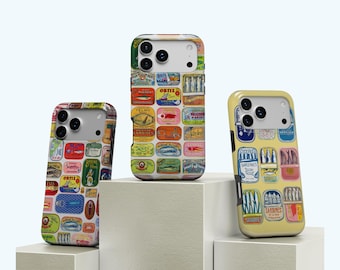 Retro Sardine Tin Phone Case Italian Summer Fish Label Cover, Colorful Food Tin Design Case, iPhone 17 16 15 14 13 12 Pro Max, Samsung S25