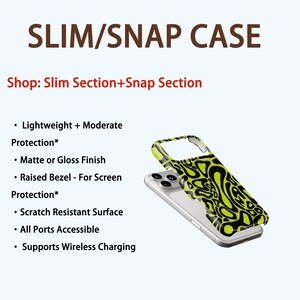 K&ouml;nnte beinhalten: Handyh&uuml;lle mit einem abstrakten Muster in Schwarz und Neongr&uuml;n. Die H&uuml;lle ist mit "SLIM/SNAP CASE" beschriftet und hat eine matte oder gl&auml;nzende Oberfl&auml;che, eine kratzfeste Oberfl&auml;che und unterst&uuml;tzt kabelloses Laden.