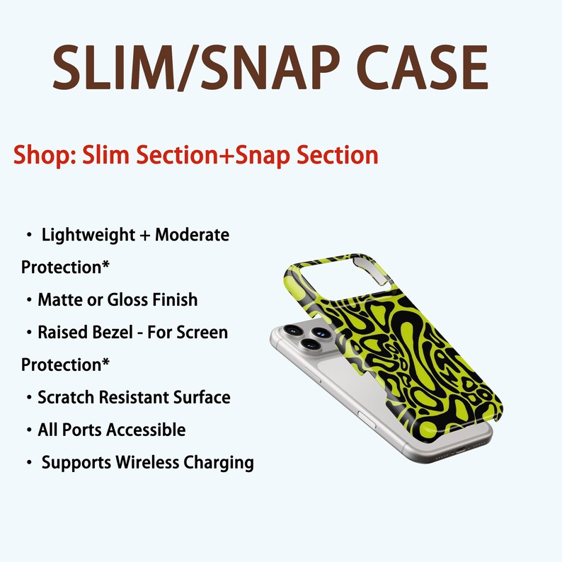K&ouml;nnte beinhalten: Handyh&uuml;lle mit einem abstrakten Muster in Schwarz und Neongr&uuml;n. Die H&uuml;lle ist mit "SLIM/SNAP CASE" beschriftet und hat eine matte oder gl&auml;nzende Oberfl&auml;che, eine kratzfeste Oberfl&auml;che und unterst&uuml;tzt kabelloses Laden.