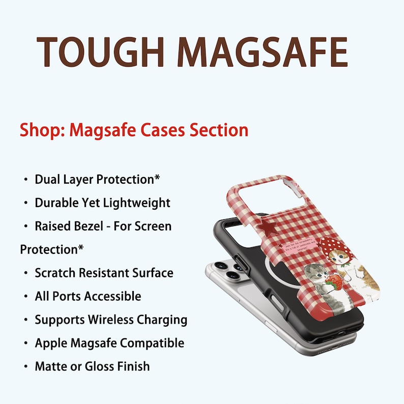 May include: A phone case with a red and white gingham pattern and a cute cat illustration. The case is designed for MagSafe compatibility and features dual-layer protection and a scratch-resistant surface. The text "TOUGH MAGSAFE" is at the top.