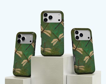 Dragonfly Phone Case, Vintage Green Dragonfly Phone Cover, Boho Nature Insect Art Cover, iPhone 18 17 16 15 14 13 12 11 Pro Max, Samsung S25