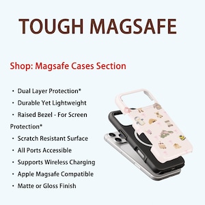 May include: Image of Tough Magsafe phone cases. The image shows a phone with a black case and a white case with a pattern of small cartoon characters. The text on the image says "Shop: Magsafe Cases Section".