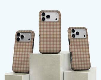 Boho Gingham Phone Case Initials, Brown Gingham Checkered Phone Case, Retro Neutral Plaid Cover, iPhone 17 16 15 14 13 12, Samsung S25 S24
