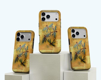 Funda vintage de libélula con diseño artístico de color ámbar dorado para iPhone 17, 16, 15, 14, 13, 12 y 11 Pro Max y Samsung S25 y S24 Ultra.