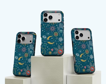 Mystic Celestial Symbols Phone Case, Retro Stars Moon Eye Tarot Pattern, Boho Cosmic Whimsy Cover, iPhone 17, 16, 15, 14, 13, 12, Samsung