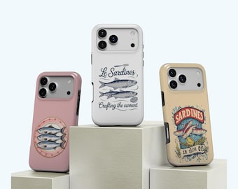 Coque de portable : sardine vintage design - style estival côtier, coque de portable sardines art, iPhone 17 Pro Max 16 15 14 13 12 11, Samsung S25