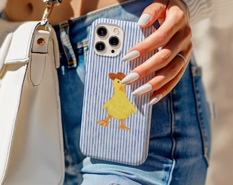 Blauw gestreepte denim eend telefoon beschermhoes, schattig eendje telefoonhoesje, iPhone 17 16 15 14 13 12 11 Pro Max, Samsung S25 S24 S23 S22