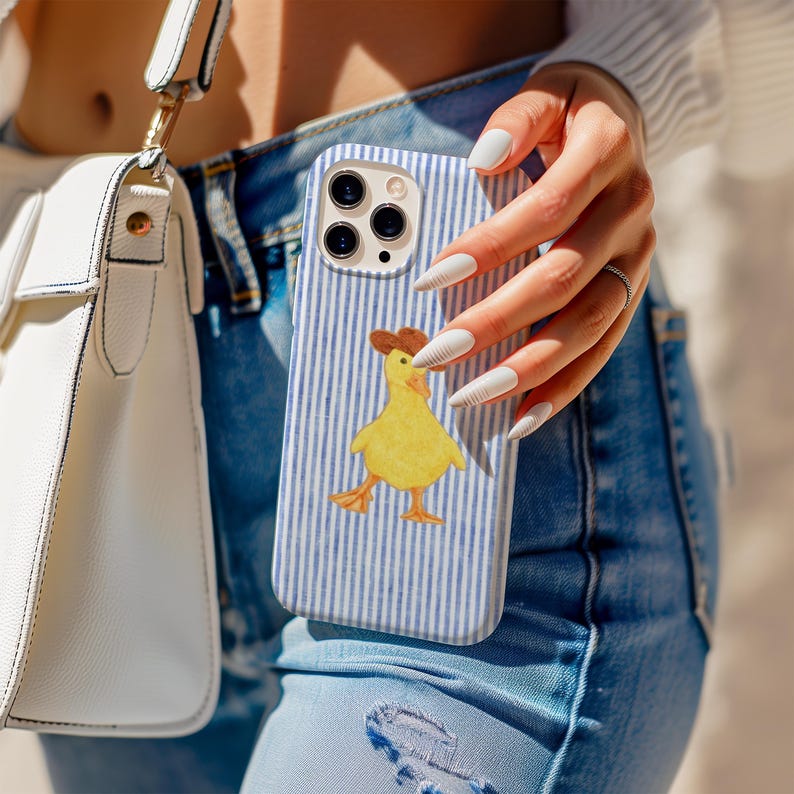 Blue Striped Denim Duck Phone Protective case, Cute Duckling Phone Case, iPhone 17 16 15 14 13 12 11 Pro Max, Samsung S25 S24 S23 S22