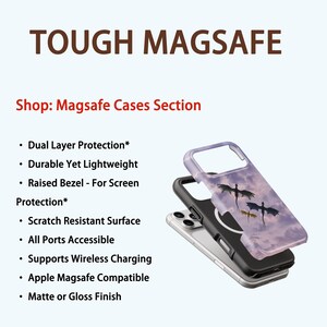 May include: A stack of three phone cases, one clear, one black, and one with a purple sky and dragon design. The text "TOUGH MAGSAFE" and "Shop: Magsafe Cases Section" are at the top. Features include dual-layer protection and wireless charging.