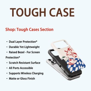 May include: A phone case with a black frame and a white top featuring a coffee-themed design. The text "TOUGH CASE" is at the top. Features include dual-layer protection, scratch resistance, and wireless charging support.
