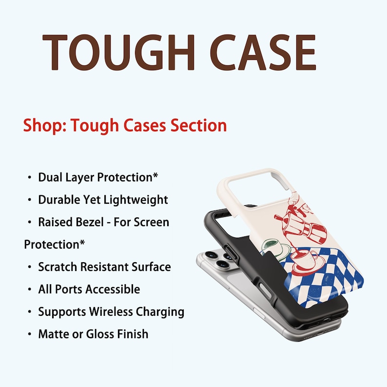 May include: A phone case with a black frame and a white top featuring a coffee-themed design. The text "TOUGH CASE" is at the top. Features include dual-layer protection, scratch resistance, and wireless charging support.