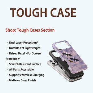 May include: A phone case with a dragon design, featuring a purple sky background. The case is shown in layers, with the text "TOUGH CASE" at the top and product features listed below. The case is designed for dual-layer protection and wireless charging.