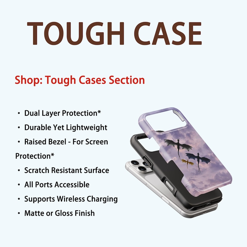 May include: A phone case with a dragon design, featuring a purple sky background. The case is shown in layers, with the text "TOUGH CASE" at the top and product features listed below. The case is designed for dual-layer protection and wireless charging.