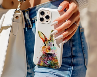 Funda para teléfono con diseño de conejo colorido, diseño de acuarela, bonita funda con pintura de animales, para iPhone 17, 16, 15, 14, 13, 12 y 11 Pro Max, Samsung S25, S24 y S23