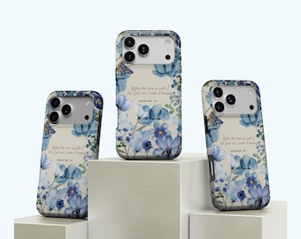 Blue Floral Bible Verse Phone Case, Christian Scripture Cover, Elegant Faith Aesthetic Case, iPhone 17 16 15 14 13 12 11, Samsung S25 S24