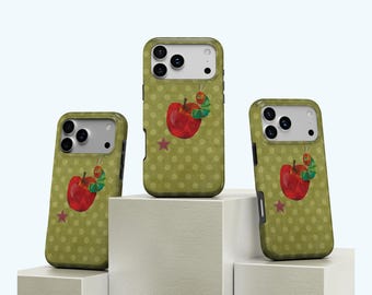 Funda para teléfono Apple Twee, diseño retro de patchwork con manzanas y mariquitas verdes vintage, funda de lunares verdes para iPhone 17, 16, 15, 14, 13 y 12, Samsung S25