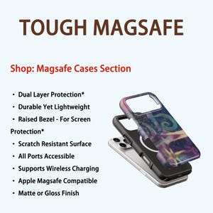 May include: The image displays a stack of three phone cases. The top case has a colorful abstract design. The text "TOUGH MAGSAFE" is at the top. The text "Shop: Magsafe Cases Section" is below. Bullet points list features like "Dual Layer Protection" and "Supports Wireless Charging".