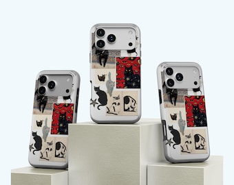 Vintage Cat Collage Phone Case, Retro Whimsical Art Aesthetic Cover, Dark Artsy Illustration, iPhone 17 16 15 14 13 12 Pro Max, Samsung S25