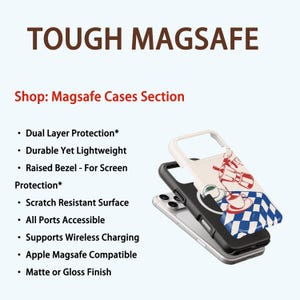 May include: A phone case with a coffee-themed design, featuring a red coffee maker, cups, and a blue and white checkered pattern. The text "TOUGH MAGSAFE" is at the top, with a list of features below. The case is white and black.