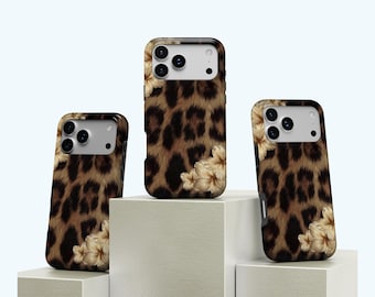Leopard & Pink Hibiscus Phone Case, Tropical Floral, Animal Print Cover, Floral Print Phone Case, iPhone 17 16 15 14 13 12 11, Samsung S25