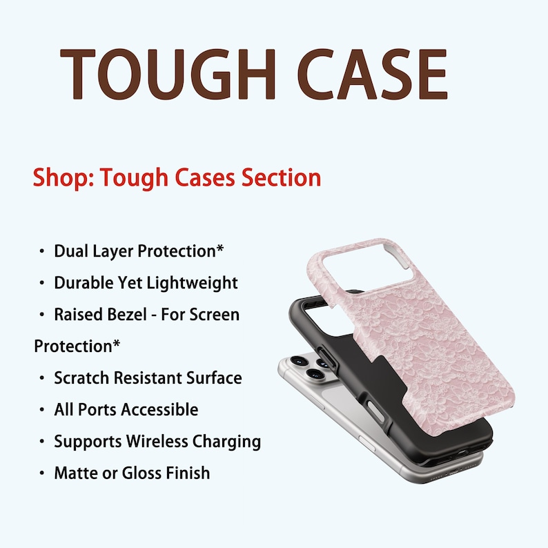 May include: A phone case with a pink floral design, a black interior, and a silver phone. The text "TOUGH CASE" is at the top, with a list of features below, including dual-layer protection and wireless charging support.
