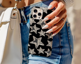 Silver Star Phone Case, Y2K Aesthetic, Black Star Flat Protective Phone Case  for iPhone 17 16 15 14 13 12 11 Pro Max, Samsung S25 S24 Ultra