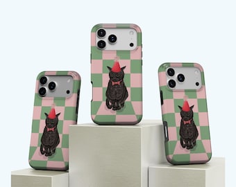Party Black Cat Checkerboard Phone Case, Funky Retro Whimsy Kitty Art Cover, iPhone 17, 16, 15, 14, 13, 12, 11, Samsung Galaxy S24 Ultra