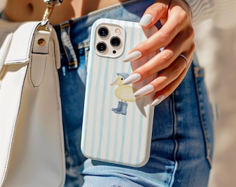 Blue Striped Denim Duck Phone Protective case, Cute Duckling Phone Case, iPhone 17 16 15 14 13 12 11 Pro Max, Samsung S25 S24 S23 S22