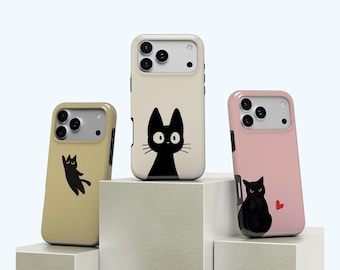 Black Cat Phone Case - Aesthetic Japan Kitty Art Cover, Funny Black Cat Case, iPhone 18 17 16 15 14 13 12 11 Pro Max, Samsung S25  S24 S23