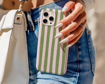 Pink Green Stripe Phone Case, Hand Drawn Retro Aesthetic Cover, Minimal Y2K Vertical Lines Case, iPhone 17 16 15 14 13 12 11, Samsung S25