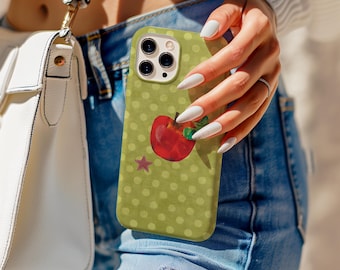 Apple Twee Phone Case, Retro Patchwork Green Vintage Apples & Ladybugs, Green Polka Dot Phone Case, iPhone 17 16 15 14 13 12, Samsung S25